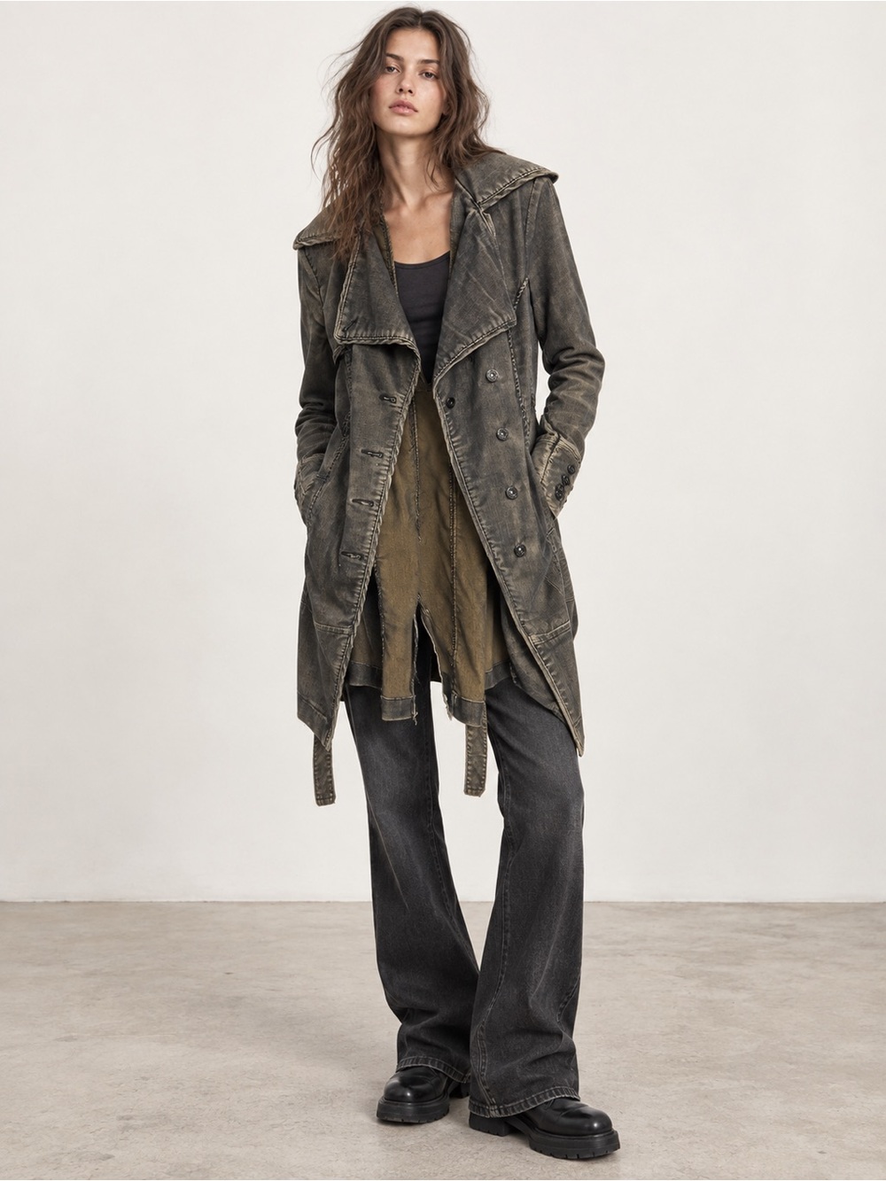 Foxy Jeans Distressed Olive Long Trench Coat with Belt